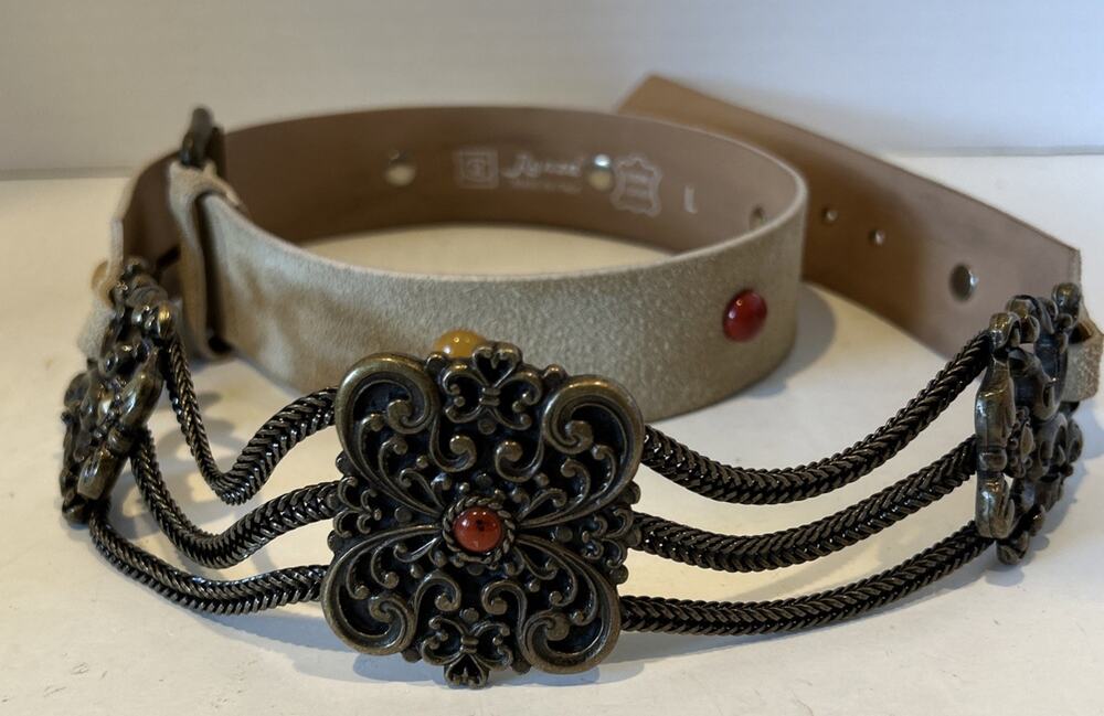 Renza Leather Belt Medallions Stones Chain Buckle Boho Italy Large